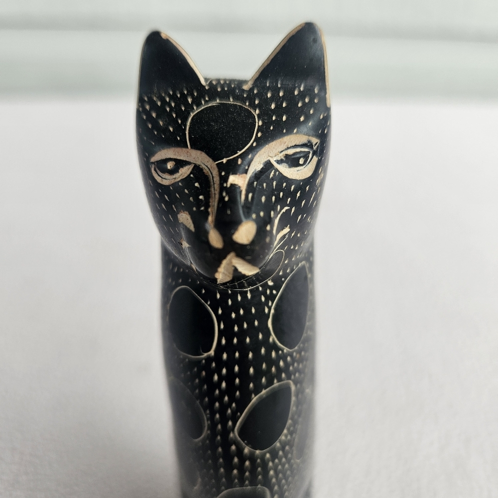 Soapstone Carved Serenity Cat Figurine Abstract Tall 6" Black African Egyptian - Picture 6 of 7
